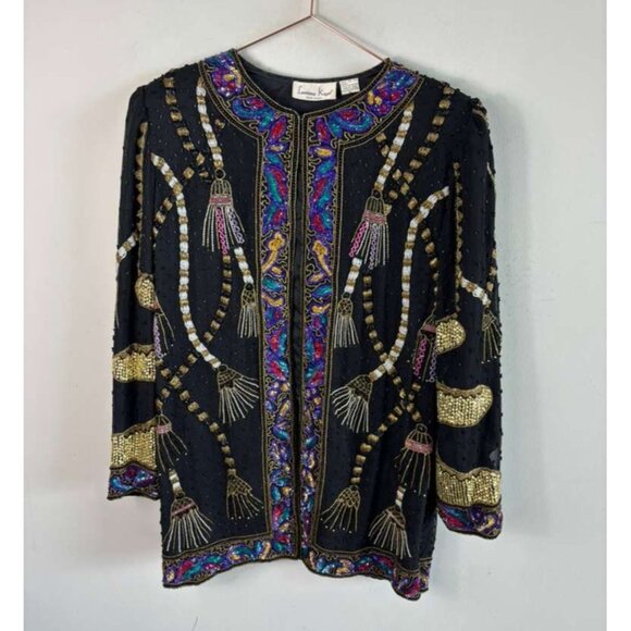 Vintage 80s Lawrence Kazar Womens Black Silk Beaded Sequin Tassel Jacket Size XL - Picture 5 of 16